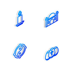 Set Isometric line Muslim Mosque, Burning candle, Yin Yang and Easter egg icon. Vector.