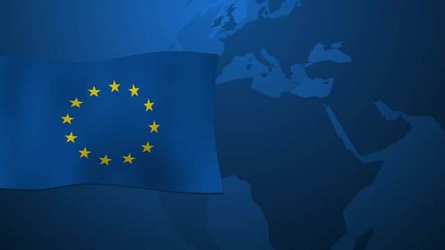 European Union flag in the wind, on a background of blue planet earth, blue globe as a business and political theme, motion background for news