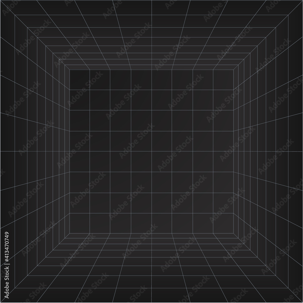 Poster perspective grid room. wireframe abstract cube. data digital visualization. vector