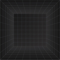 Perspective grid room. Wireframe abstract cube. Data digital visualization. Vector