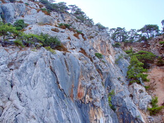 Obraz premium View from the deck of the yacht on the pristine almost vertical coastal rocks on which the tropical vegetation is amazingly kept.