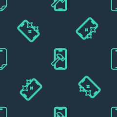 Set line Mobile with broken screen, Glass protector and on seamless pattern. Vector.