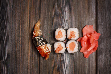 asian cuisine sushi rolls tradition ginger wooden table