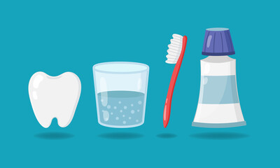 Set of elements for healthy teeth. Tooth, a glass of water, toothbrush, toothpaste isolated on blue background. Vector illustration