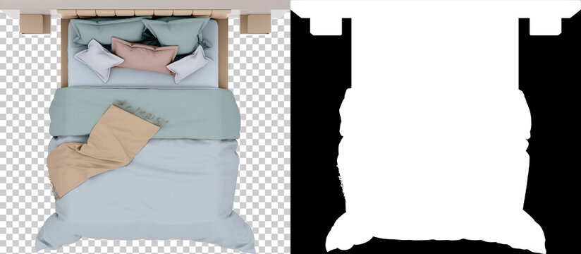 Bed top view isolated on background with mask. 3d rendering - illustration