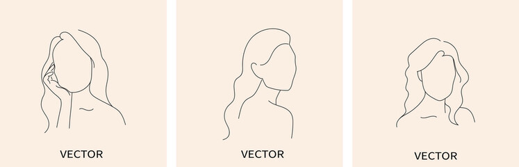 Set of abstract minimalistic female portraits. Vector of portraits in simple liner style	