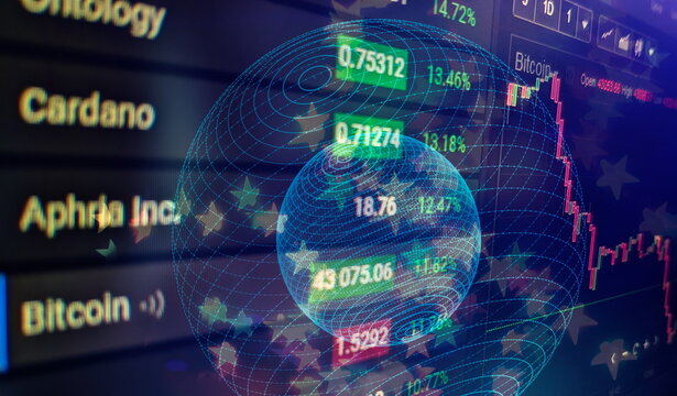 Abstract Global Business Hologram Earth . Business and Technology Concept Bar graphs, Diagrams, financial figures. Abstract glowing forex chart interface wallpaper. Investment, trade, stock, finance