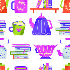 Seamless vector pattern with books. tea and flowers. Spring background