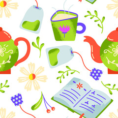 Seamless vector pattern with books. tea and flowers. Spring background
