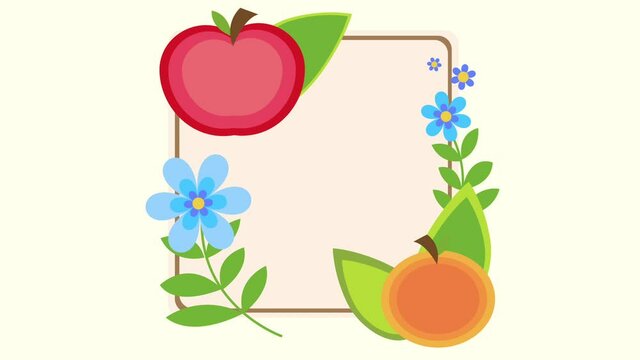 flowers, leaves, apple, and orange frame, animated 