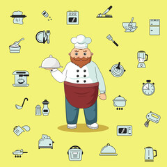 Cooking icons set and beard fat chef in uniform. Collection of cook symbols. Kitchen appliance signs. .Cute cartoon illustration of cook and restaurant workplace.