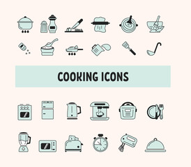 Cooking icons set. Collection of cook symbols. Kitchen appliance signs. 