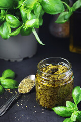 Homemade pesto in a glass jar