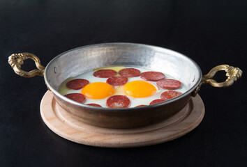 Fried egg with sausage on a black background
