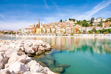 colorful town Menton on cote d'azur in south France - obrazy, fototapety, plakaty
