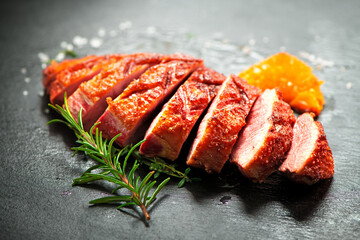 Close up of sliced roasted duck breast fillet