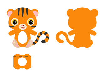 DIY cute tiger chocolate egg holder template. Retail paper box for the easter egg. Printable color scheme. Laser cutting vector template. Isolated packaging design illustration.