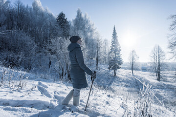 Fototapeta na wymiar Senior woman walking in the winter forest using Nordic walking sticks. Active lifestyle, adventure concept. Nordic walking in winter