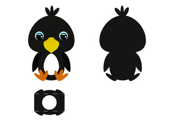 DIY cute raven chocolate egg holder template. Retail paper box for the easter egg. Printable color scheme. Laser cutting vector template. Isolated packaging design illustration.