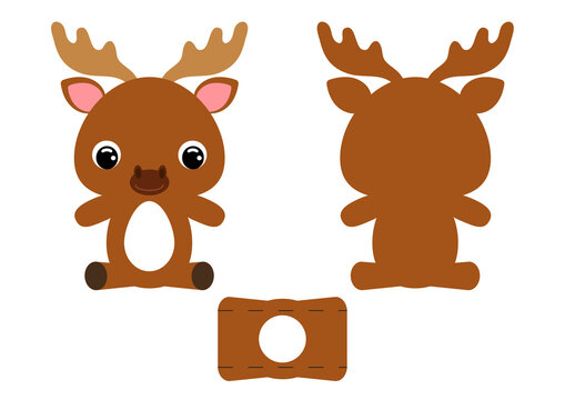 DIY cute moose chocolate egg holder template. Retail paper box for the easter egg. Printable color scheme. Laser cutting vector template. Isolated packaging design illustration.
