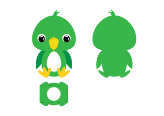 DIY cute parrot chocolate egg holder template. Retail paper box for the easter egg. Printable color scheme. Laser cutting vector template. Isolated packaging design illustration.