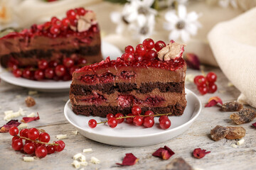 Chocolate cake with redcurrant on a white plate