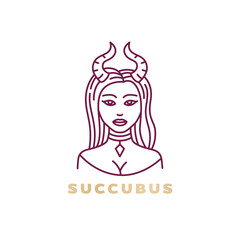 Succubus logo design, demon girl, enchantress, woman with horns, line art