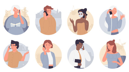 People talk on phone illustration set. Cartoon flat man woman characters talking with family, friends or business partner, cellphone conversation or mobile dialogue collection background