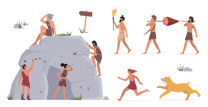 Primal Tribe People Vector Illustration Set. Cartoon Primitive Caveman Character Standing With Cave And Painting, Tribesman Warriors Carry Meat From Hunt, Running Away From Tiger Isolated On White