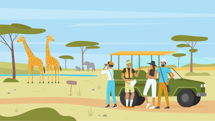 African safari nature tour vector illustration. Cartoon man woman tourist characters group with binoculars and car, landscape tourism in Africa, savannah exploration expedition adventure background © Flash Vector