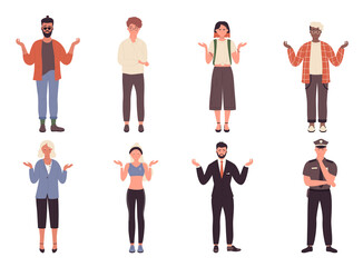 People spread hands in surprise vector illustration set. Cartoon worry sad young or old man woman characters have question, office worker or student standing with surprised face isolated on white