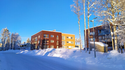 Russia,Republic Of Karelia,Kostomuksha. Here are beautiful houses in a new neighborhood. February, 12.2021.