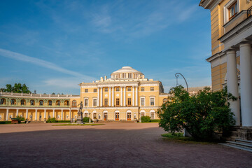 View of the Pavlovsk Palace and the monument to Emperor Paul I in the Pavlovsk Palace and Park Complex, Saint Petersburg, Russia