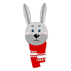 Colorful cute vector hare face in a winter scarf. One object on a white background. Cartoon flat illustration. Emoji funny animal. Embarrassed smile emotion. Template icon. Sticker rabbit.