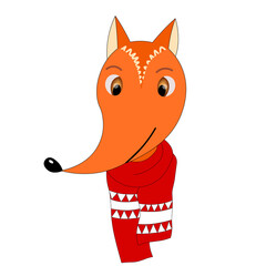 Colorful cute vector fox face in a winter scarf. One object on a white background. Cartoon flat illustration. Emoji funny animal. Embarrassed smile emotion. Template icon, sticker.