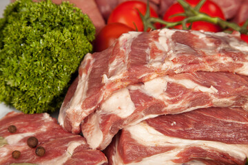 Fresh Raw Meat Background with pork edges; Beef Meat, Turkey and ground beef