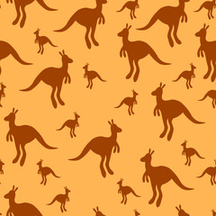 Vector flat illustration with silhouette kangaroo and baby kangaroo on fiery background. Seamless pattern on orange polka dots background. Design for textile, fabric. Pray for Australia and animals.