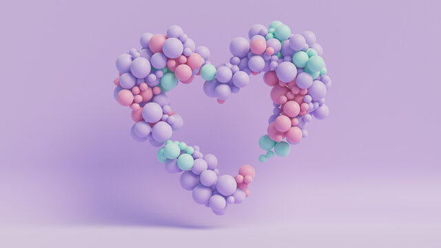 Multicolored Balloon Love Heart. Pink, Violet and Turquoise Balloons arranged in a heart shape. 3D Render 