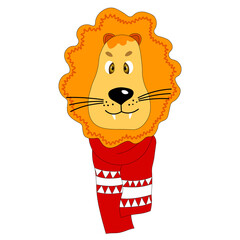 Colorful cute vector lion face in a winter scarf. One object on a white background. Cartoon flat illustration. Emoji funny animal. Embarrassed smile emotion. Template icon, sticker.