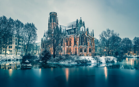 Winter view of Johanneskirche, Feuersee in Stuttgart West, Germany