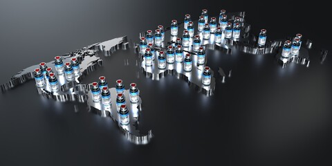 World map and covid-19 / SARS-CoV-2 / coronavirus vaccine ampoules to fight the pandemic - isolated on black background - 3D illustration © PX Media