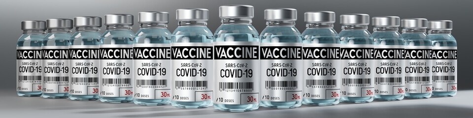 Covid-19 / SARS-CoV-2 / coronavirus vaccine ampoules to fight the pandemic - 3D illustration