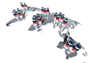 World map and covid-19 / SARS-CoV-2 / coronavirus vaccine ampoules to fight the pandemic - isolated on white background - 3D illustration