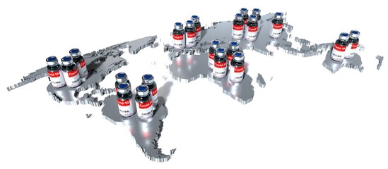 World map and covid-19 / SARS-CoV-2 / coronavirus vaccine ampoules to fight the pandemic - isolated on white background - 3D illustration