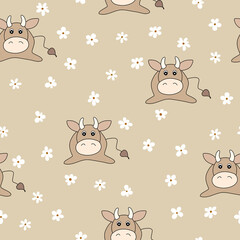 Vector flat animals colorful illustration for kids. Seamless pattern with cute bull and flowers on beige background. Cartoon adorable character. Design for textures, card, poster. Cute cow.