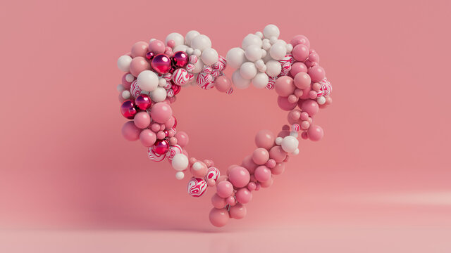 Multicolored Balloon Love Heart. Pink, White and Metallic Balloons arranged in a heart shape. 3D Render 