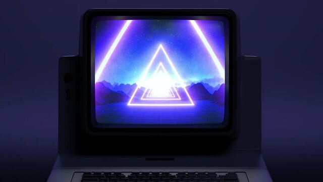 Retro wave style animation displayed on vintage computer screen. VHS noise and glitch effects. Bright purple colors. Digital neon wireframe grid tunnel. Old display. 3D Render. Seamless loop 4K clip