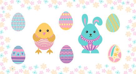 Easter bunny, chicken and eggs.