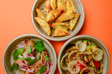 Assortment of georgian food, flat lay. Top view on traditional georgian cuisine close up.
