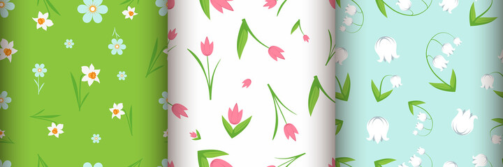 Set of three seamless patterns. Spring flowers - lilies of the valley, tulips and daisies.